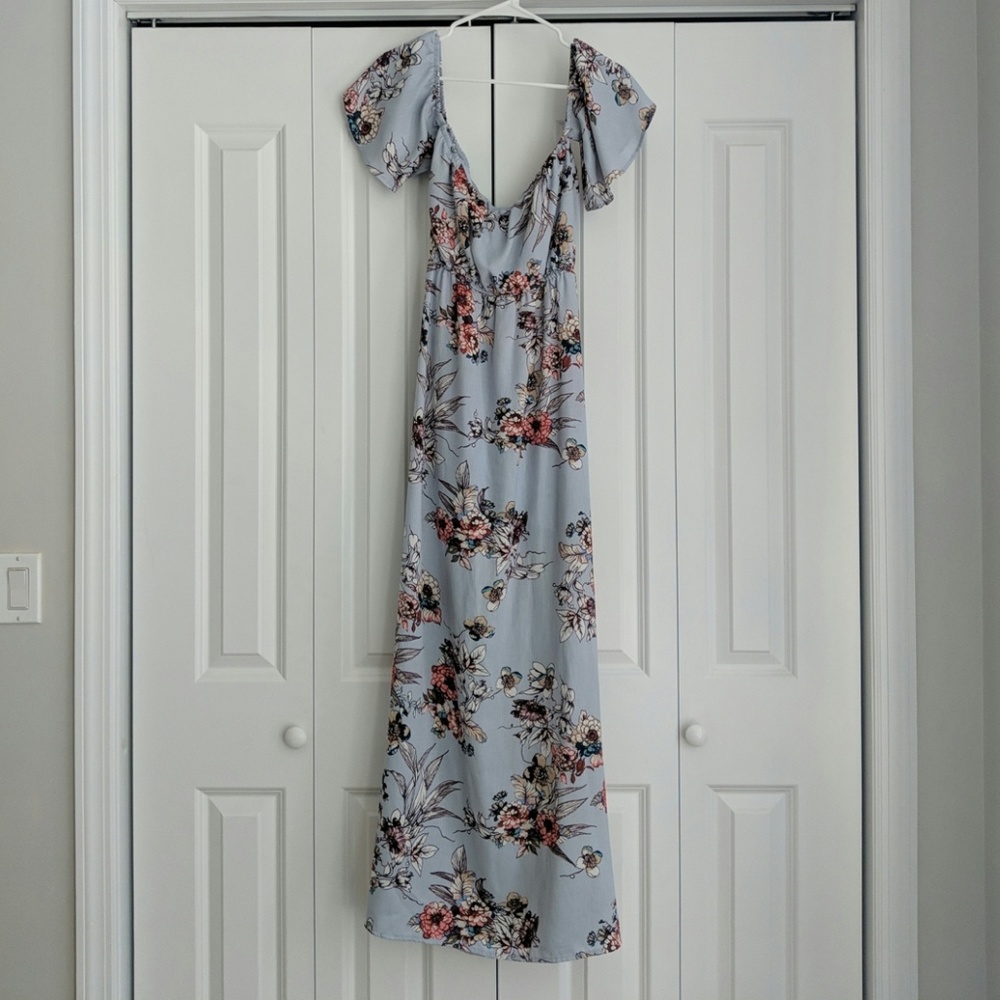 Long blue floral off the shoulder dress